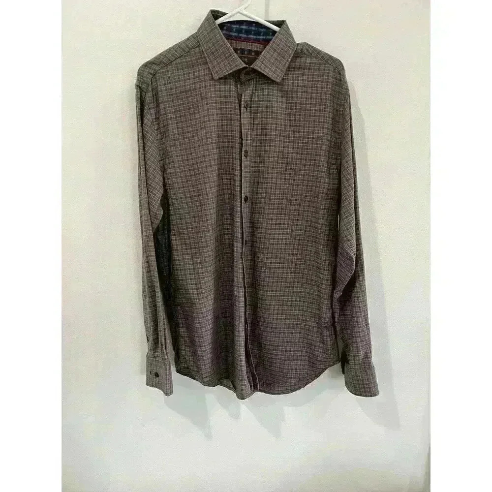 James Tattersall Shirt Mens Dress Large Brown Plaid Check Button Up Long Sleeve